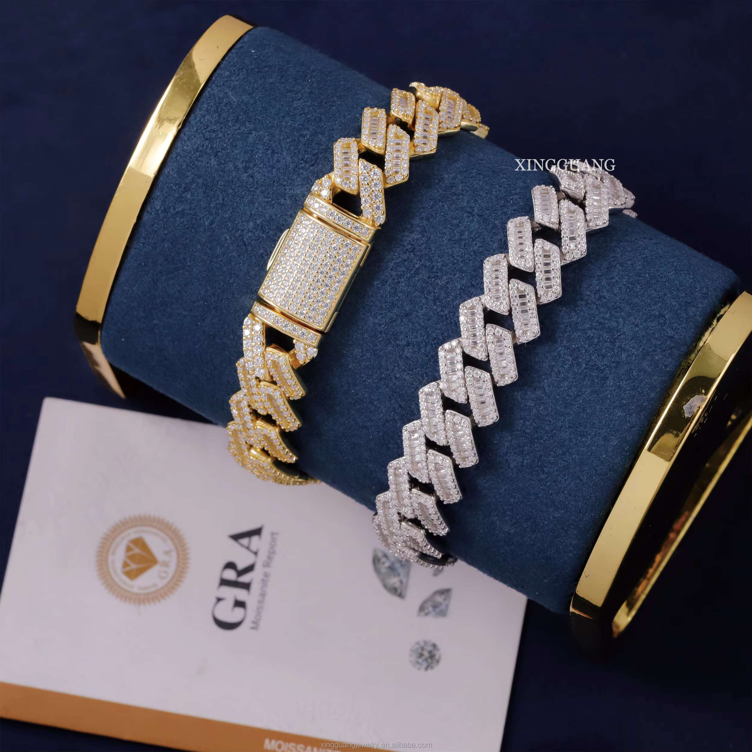 Fashion Hip Hop Jewelry Handmade 13mm Width 925 Silver Iced Out Baguette Moissanite Cuban Link Chain Bracelet for Men