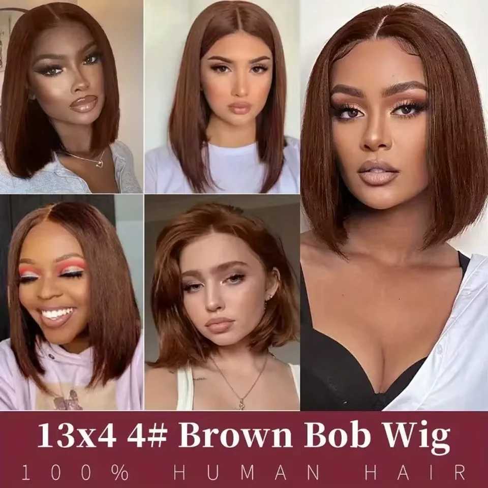 Short Bob 13x4 HD Transparent Lace Front Human Hair Wig Chocolate Brown Straight Brazilian Human Hair Wig For Women 200 DensityT251111