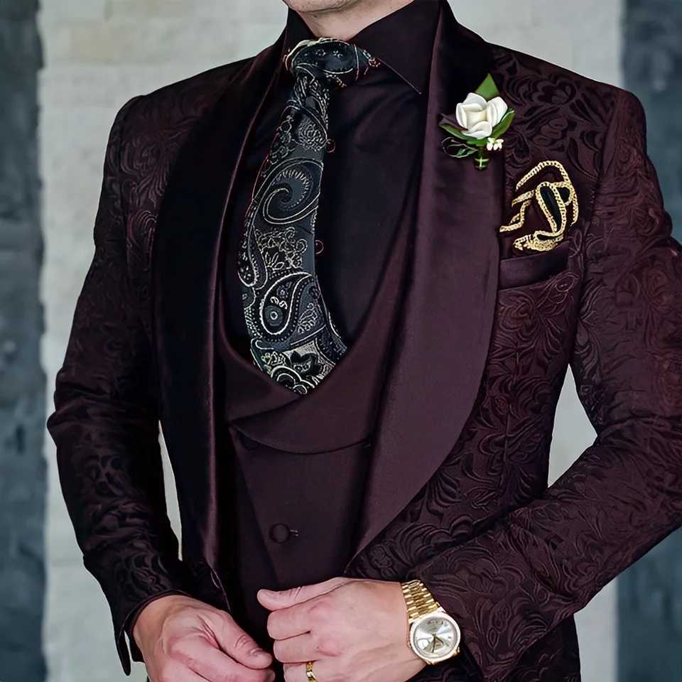 Jacquard mens 3-piece formal party dress grooms tailcoat high-quality elegant mens custom set W250410