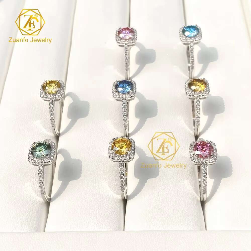 925 Silver Fashion Jewelry Colorful Round Moissanite Ring in Yellow Pink Blue for Parties and Engagement for Women