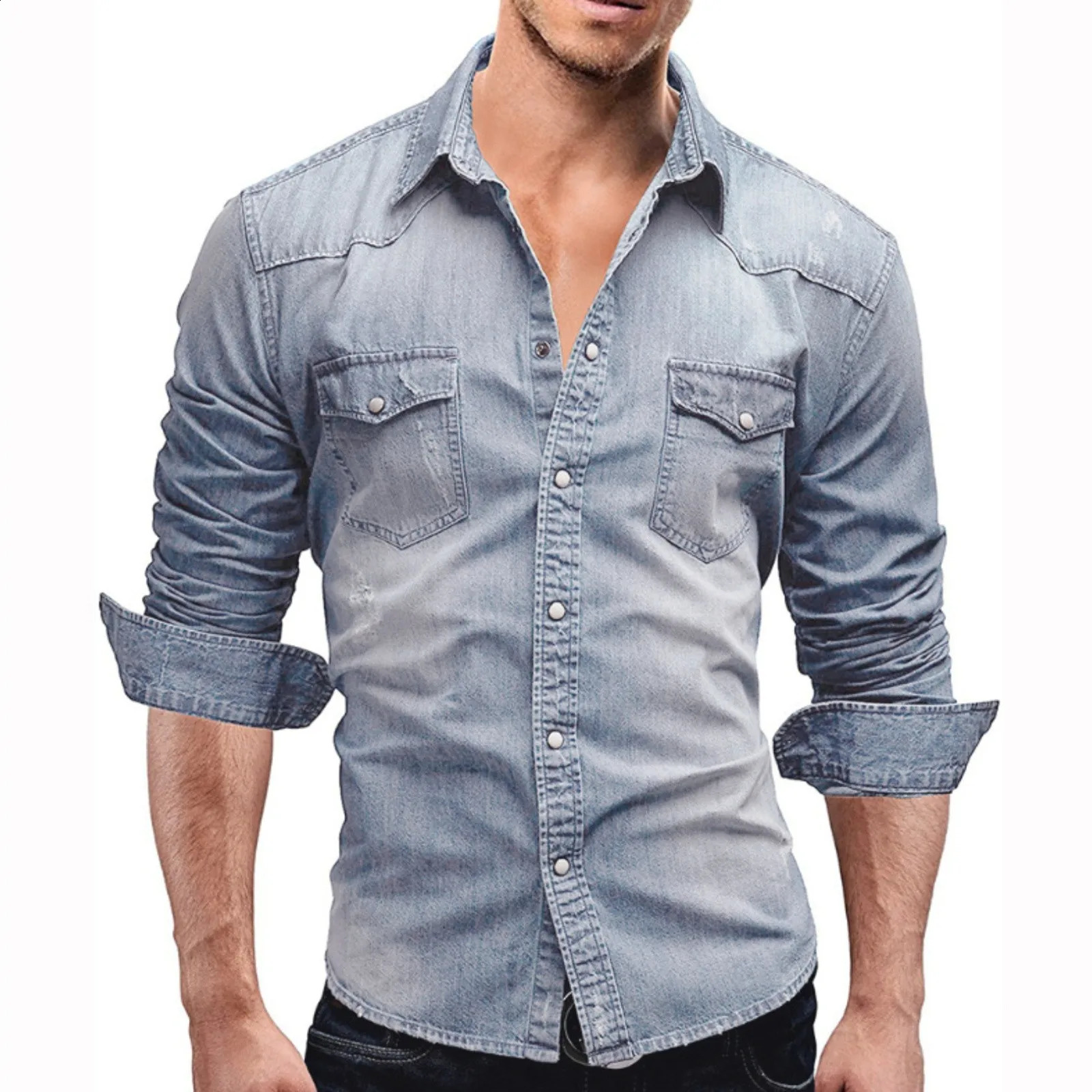 Mens autumn fashion clothing casual long sleeved lapel shirt solid color denim wash mens top 250411e
