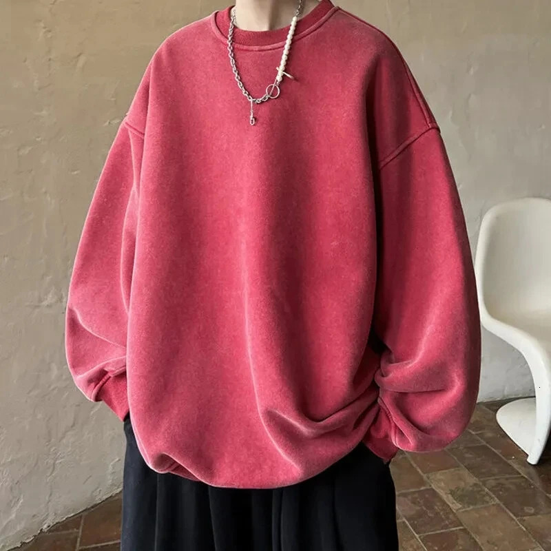 American Washed Old Pullovers Sweatshirts Men Loose Solid Color Autumn Large Size Warm O Neck Tops Hip Hop Y2k Sweatshirt 251110