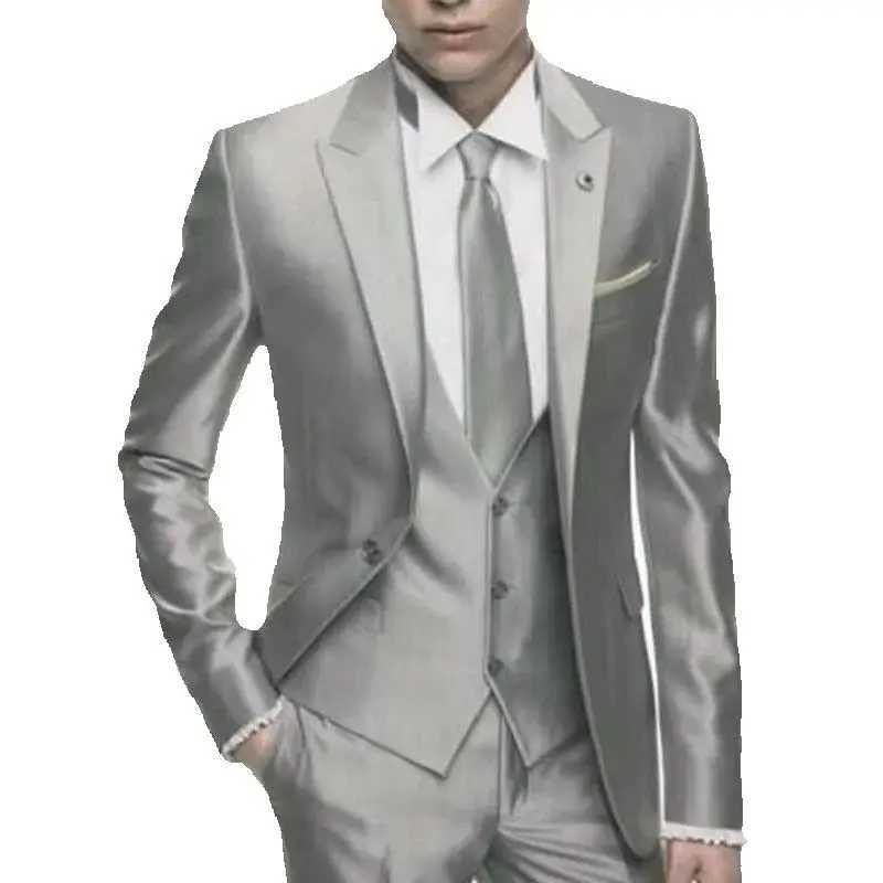 Silver gray satin mens ultra-thin suit for formal wedding tight fitting fashion mens jacket party customization tailcoat 3-piece vest set W250410