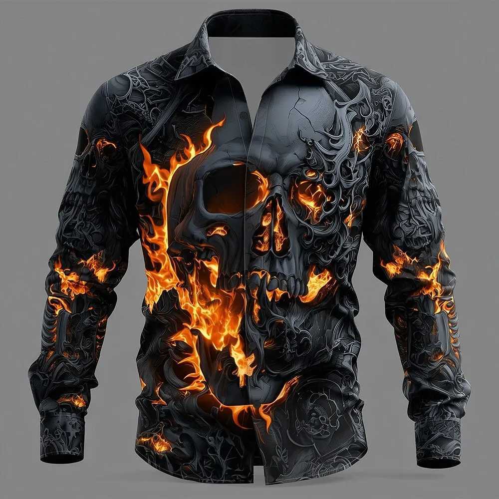 2025 Halloween Mens Skull Flame Halloween Costumes Shirt Button Up Shirt Long Sleeve Shirt Gothic Style Tops Fall Winter K251110