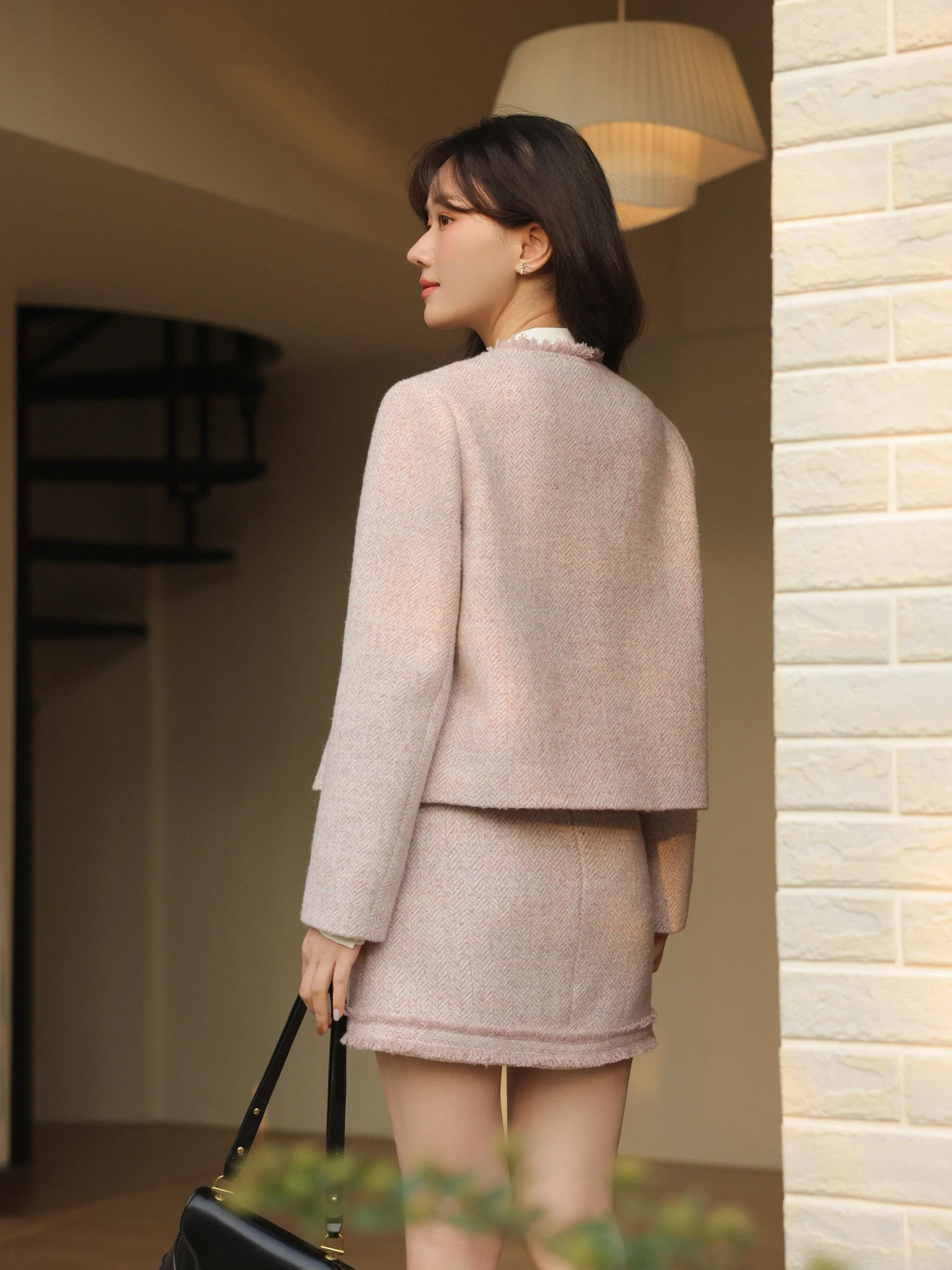 Spring Women Tweed Suit Set Elegant Round Neck Short Coat and A-Line Skirt Vintage Style Loose Fit Chic Two-Piece Outfit 251106