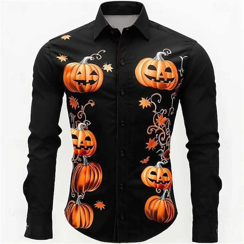 Halloween Long Sleeve Shirt Mens 3D Printed Pumpkin Head Pattern Shirt Fashion Casual Comfortable Party Dress 2024 Mens Street K251110