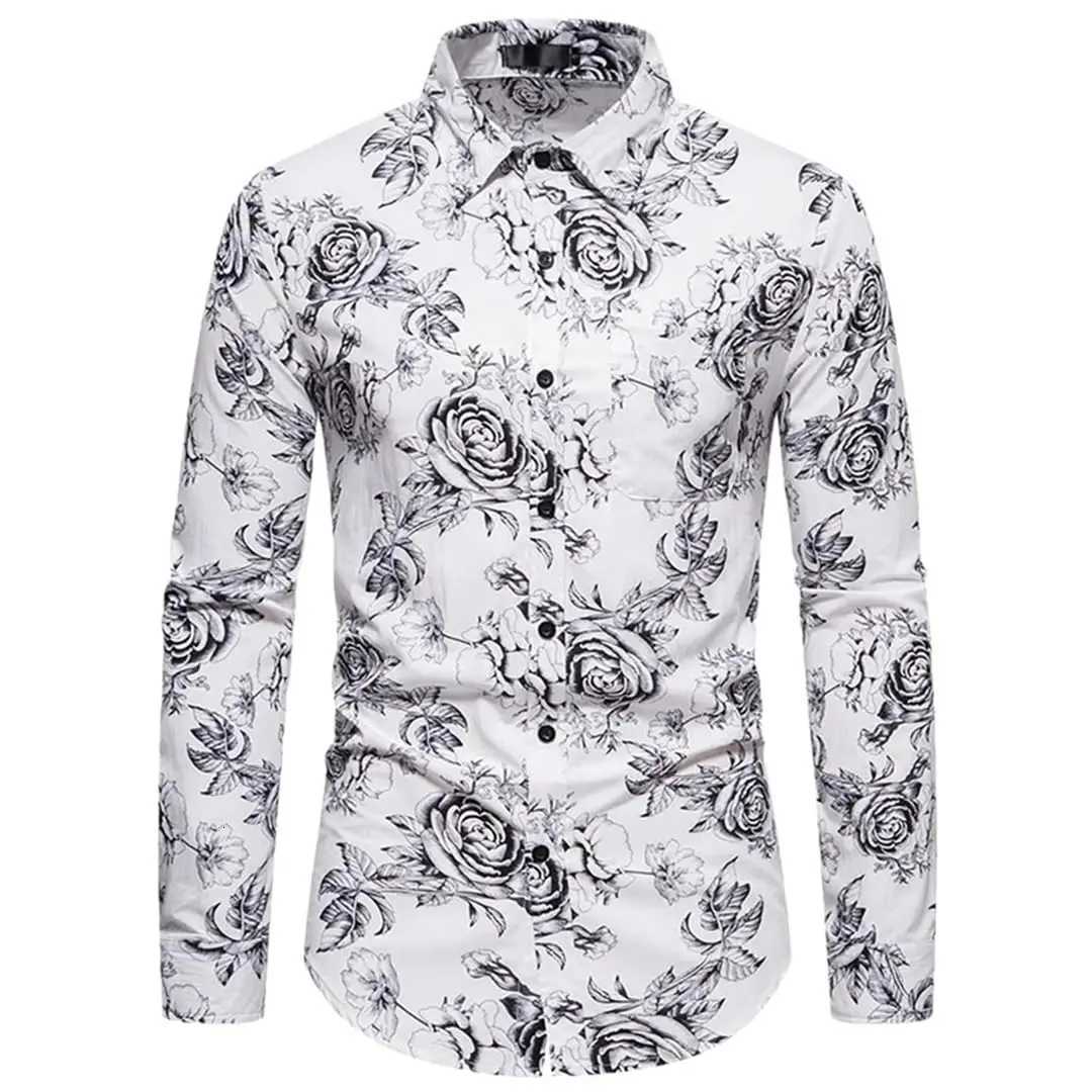 Mens long-sleeved shirt casual fashion 3d rose print shirt mens lapel shirt long-sleeved New Year gift K251110