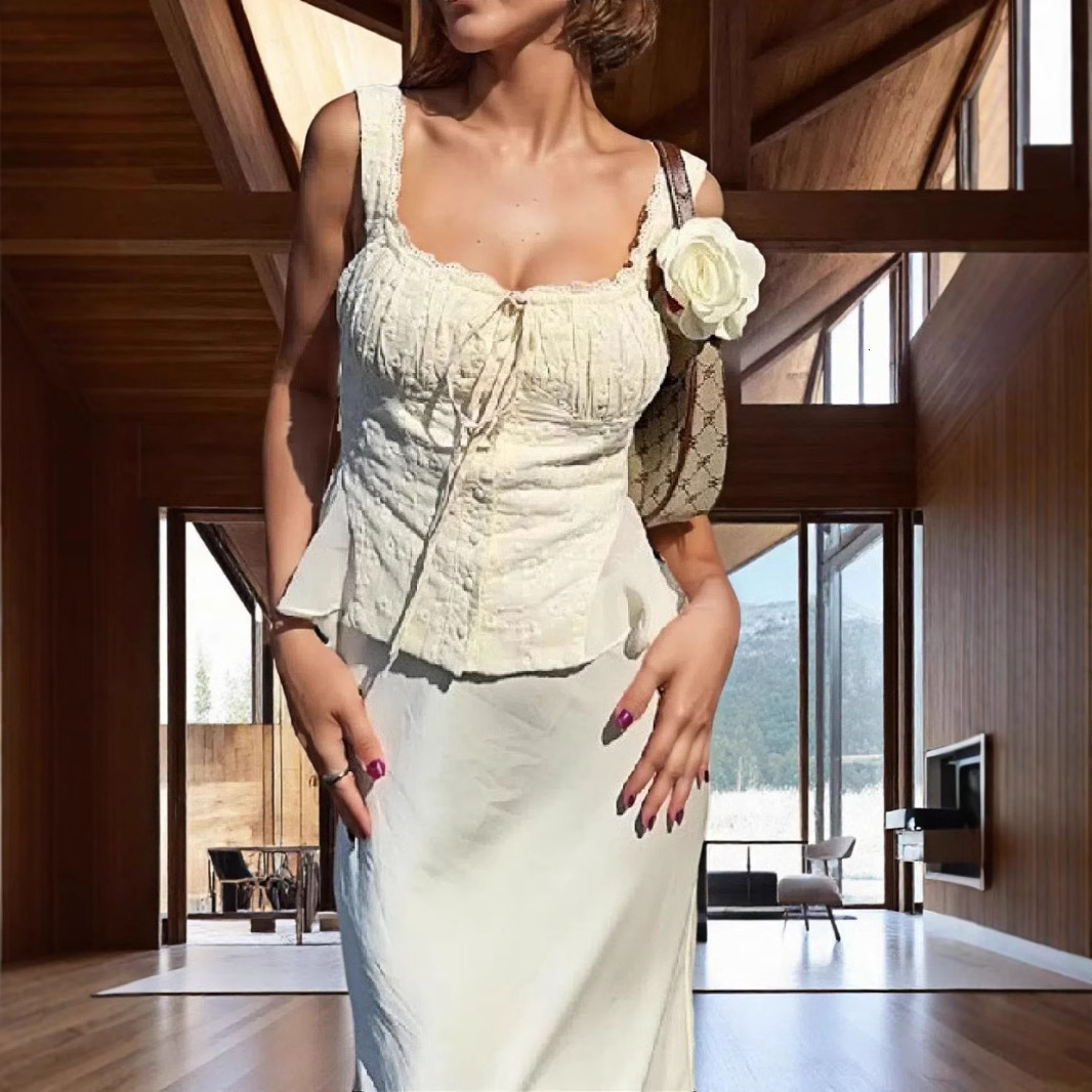 French style pure desire sexy spicy girl strap lace patchwork embroidered vest+high waist slim fishtail skirt set for women