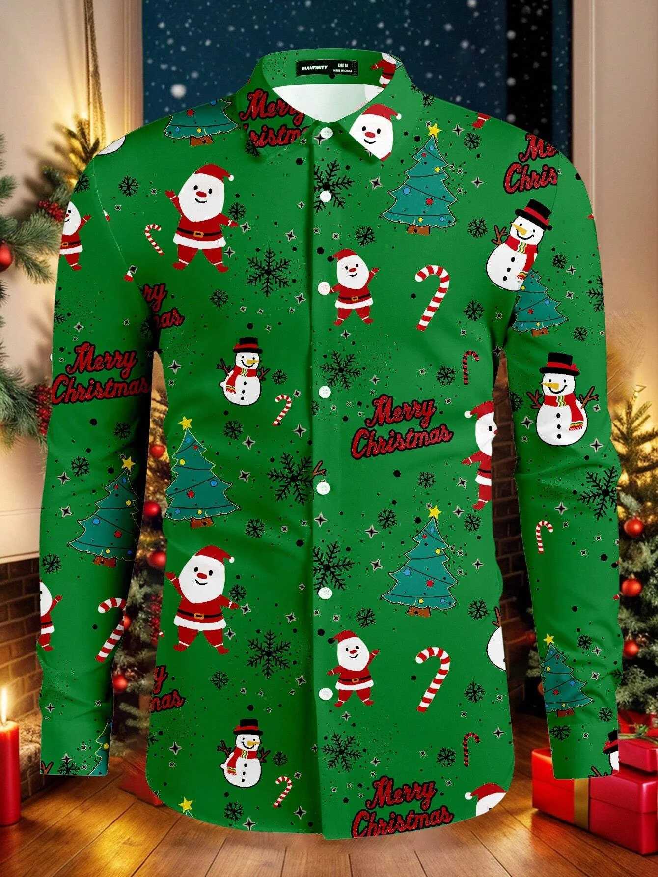 Christmas Festival Theme Mens 3D Prints Red Formal Shirts Christmas Santa Claus Graphic Long Sleeved Shirt Fashion Mens Shirts K251110