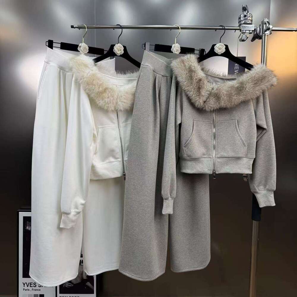 2025 Autumn American Retro Style Fur Collar Asymmetrical Shoulder Sweatshirt Jacket + Wide Leg Long Pants Casual Two-Piece Set