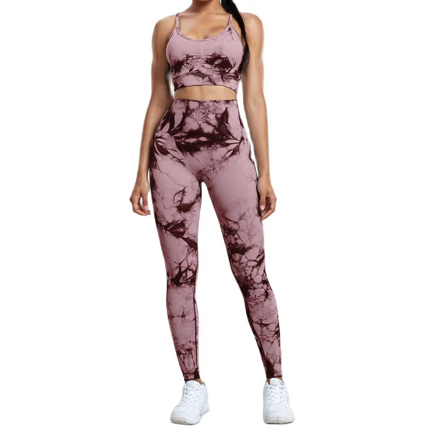 CHREISURE Womens Tie Dye Yoga Set Seamless Fitness Set Exercise Legs with Running Bra Activity Suit Womens Elastic Fitness SuitW250411