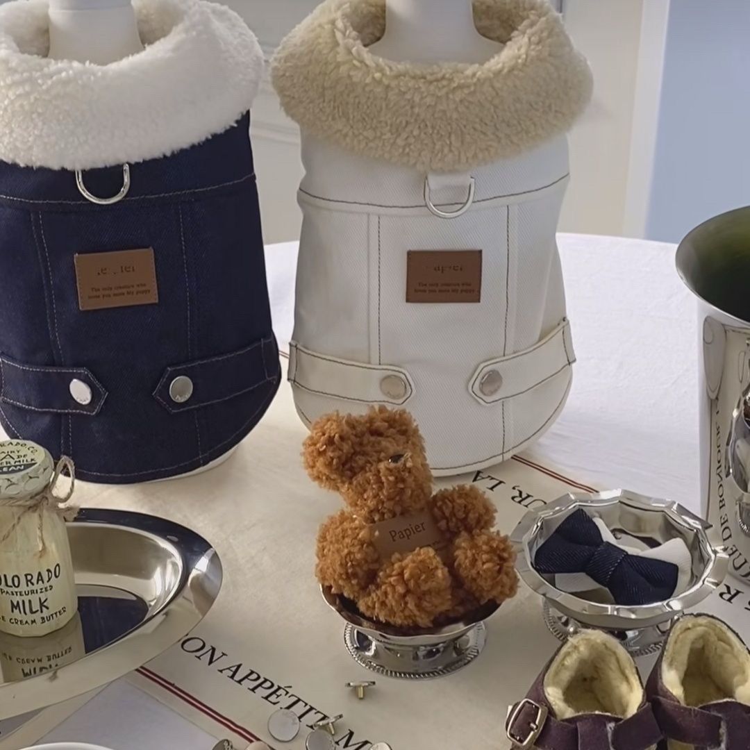 Warm Fleece Collar, Stylish Denim Design Dog Jacket, Trendy Pet Winter Coat with Pockets, Fashionable Cold-Resistant Apparel for Small Dogs, for Outdo