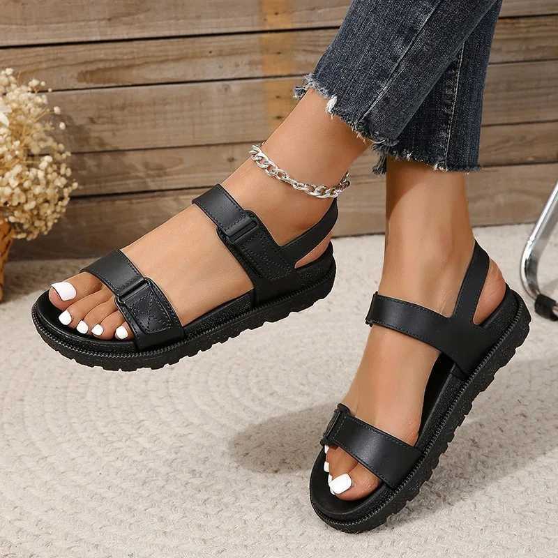 2025 Summer New Black Casual Fi Womens Sandals Comfortable Platform Sole Flat Bottom Open Toe Womens Black SandalsXJ250410