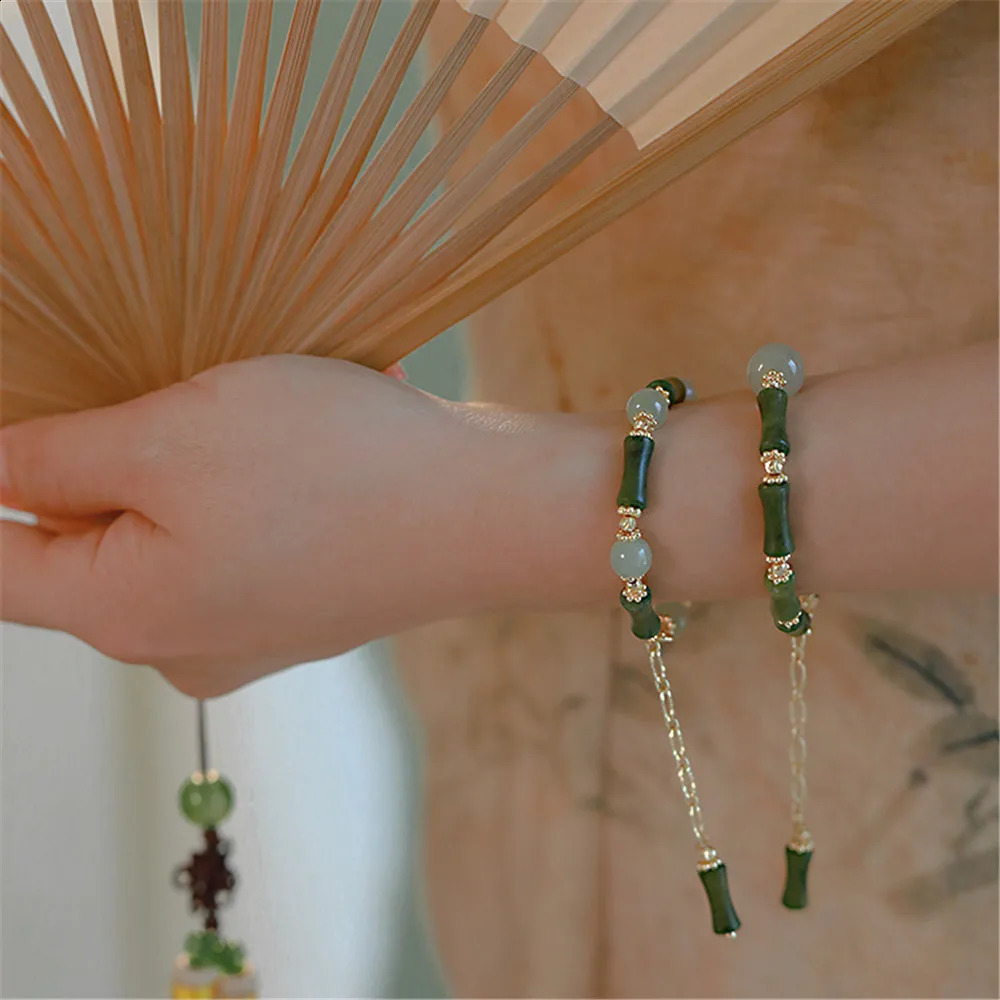Natural Olive Jade Bamboo shaped Beads Adjustable Bracelet Fashion Exquisite an Jade Jewelry Versatile Girl Gift 250409