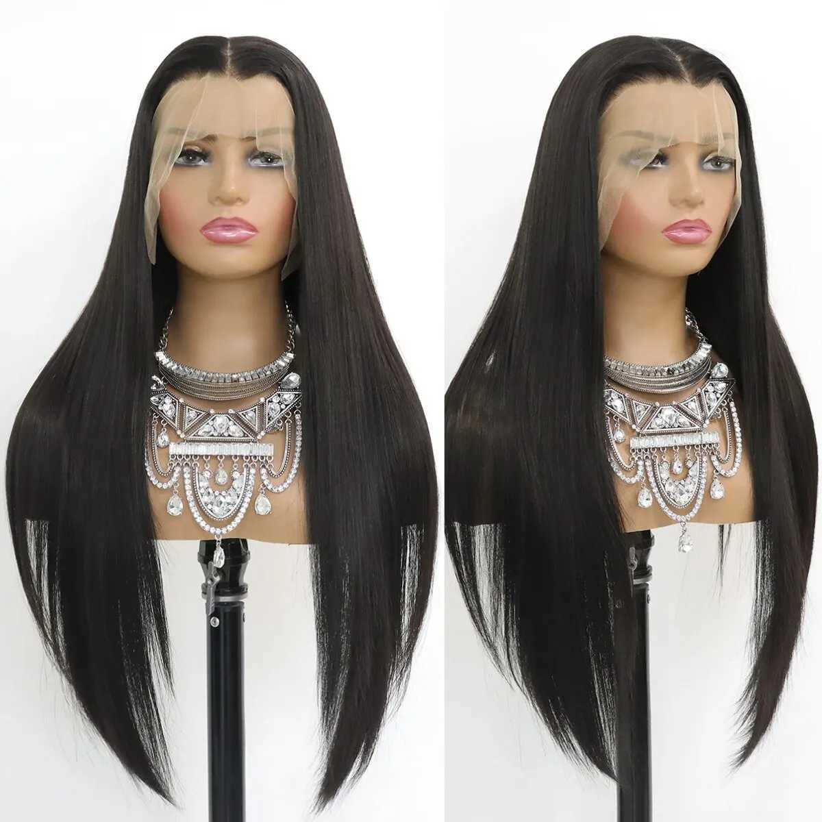 Long Straight Black Lace Front Wig Natural Black Pre Plucked Synthetic HD Lace Front Wig For Women Glueless Heat Resistant FiberT251111