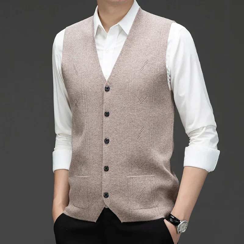 Warm Knit Vest Button Fashion Vneck Sleeveless Sweater Autumn Top Thick Mens Western Casual Suit Business Clothes 251104