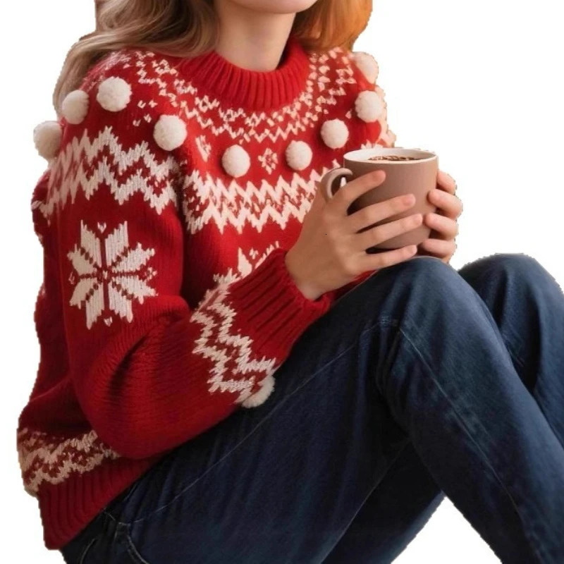 Christmas Sweater Atmosphere Hairball Contrasting Colors Autumn and Winter Crew Neck 251106