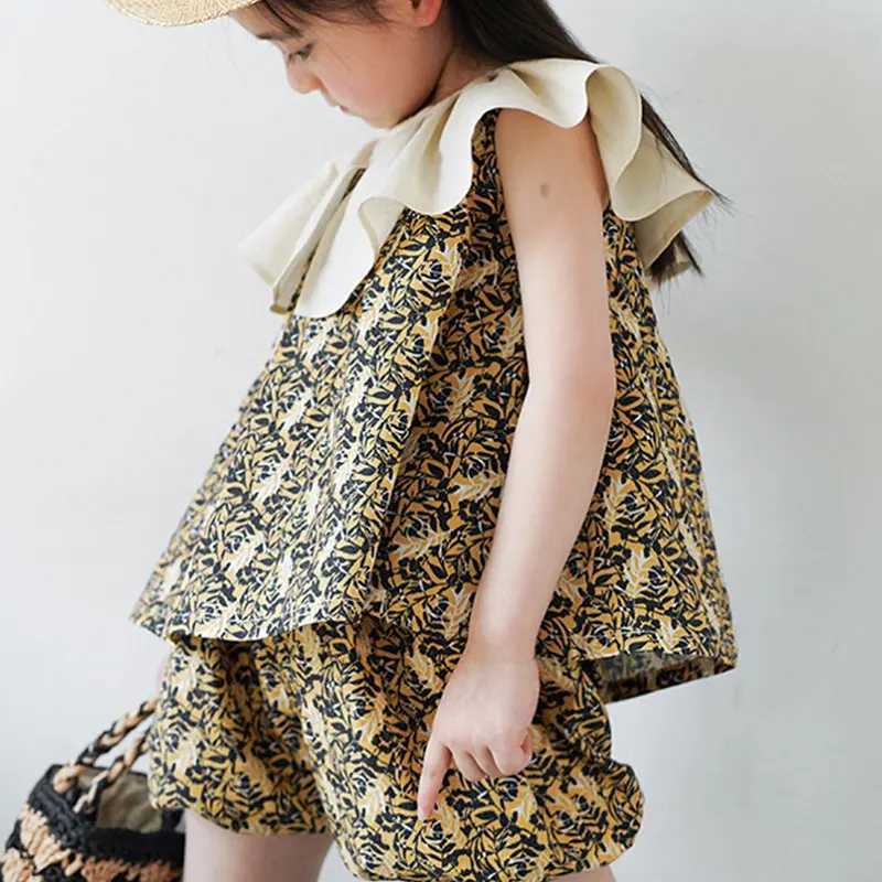 Summer fashion baby girl pleated collar sleeveless lace T-shirt top+shorts set childrens 2-piece set clothing for 2-8 yearsXJ250410