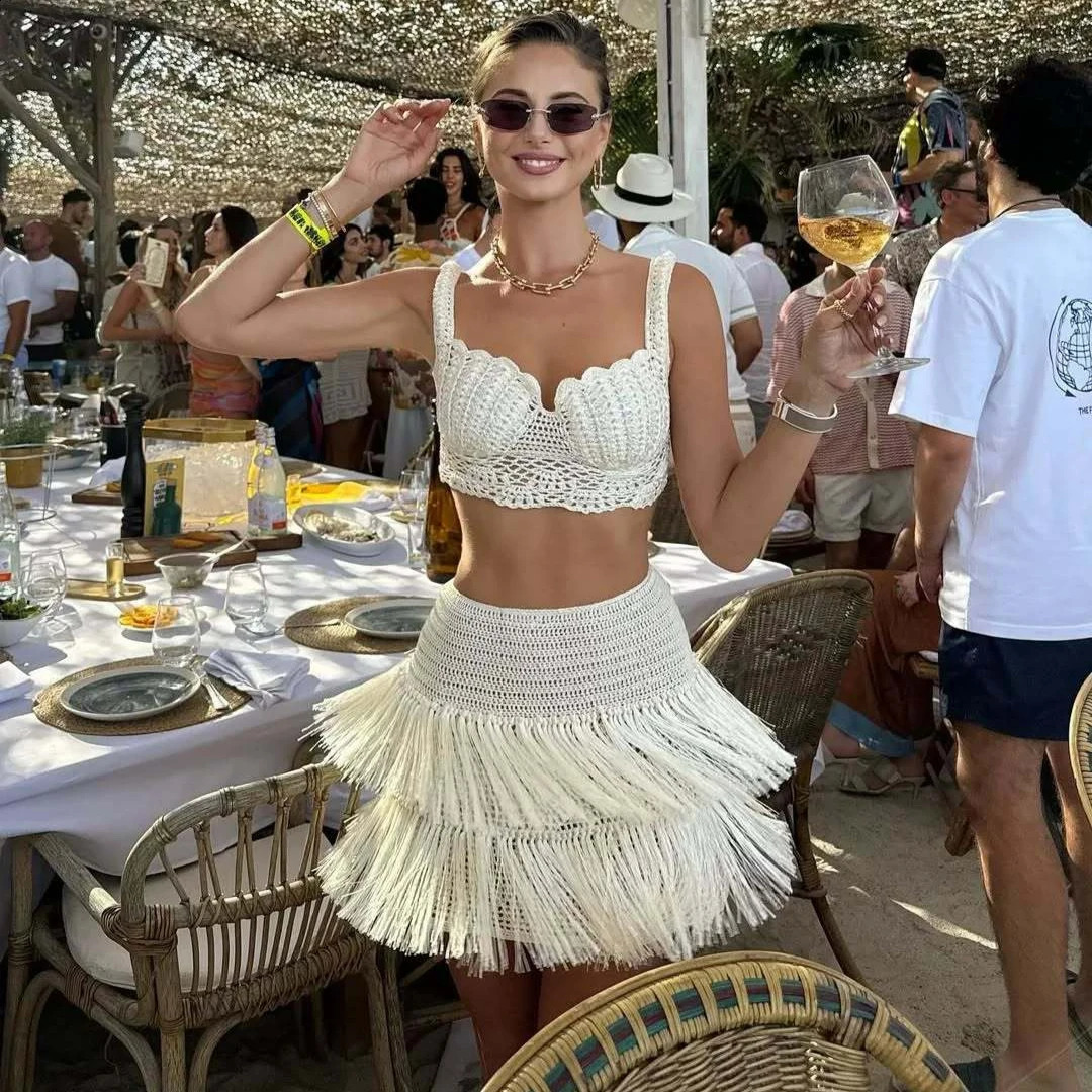 Fashion Tassel Knitted Skirt Sets Women Elegant Holiday Party Two Piece Outfits Summer Crop Top and Mini Skirt Matching Set 250411