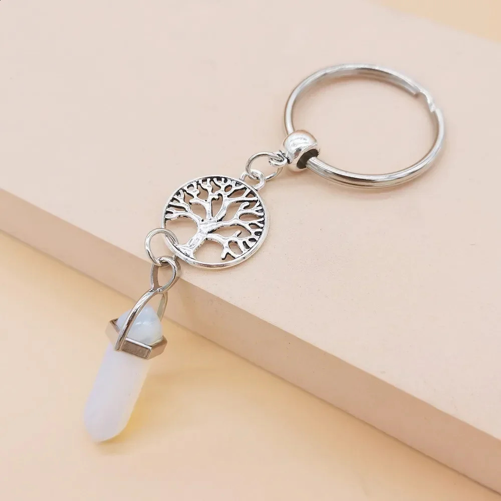 10 pieces of colorful natural stone keychains hexagonal prism life tree keychains womens handbags car keyholders keychains jewelry 250409