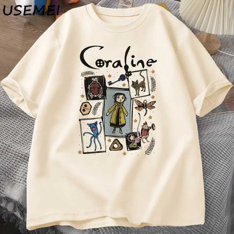 Coraline Halloween T-shirt Womens Spooky Retro T-shirt Harajuku Autumn Short sleeved T-shirt Cotton Womens Clothing M250411
