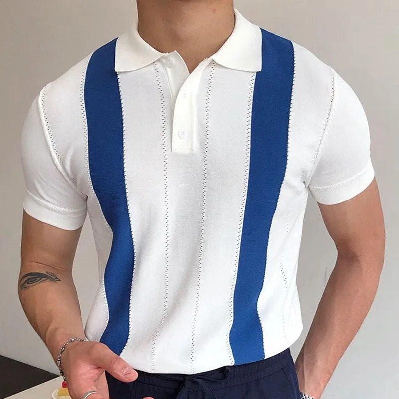 Mens summer business knitted short sleeved polo shirt streetwear with breathable button down stripes fashionable and lightweight retro shirt 250410