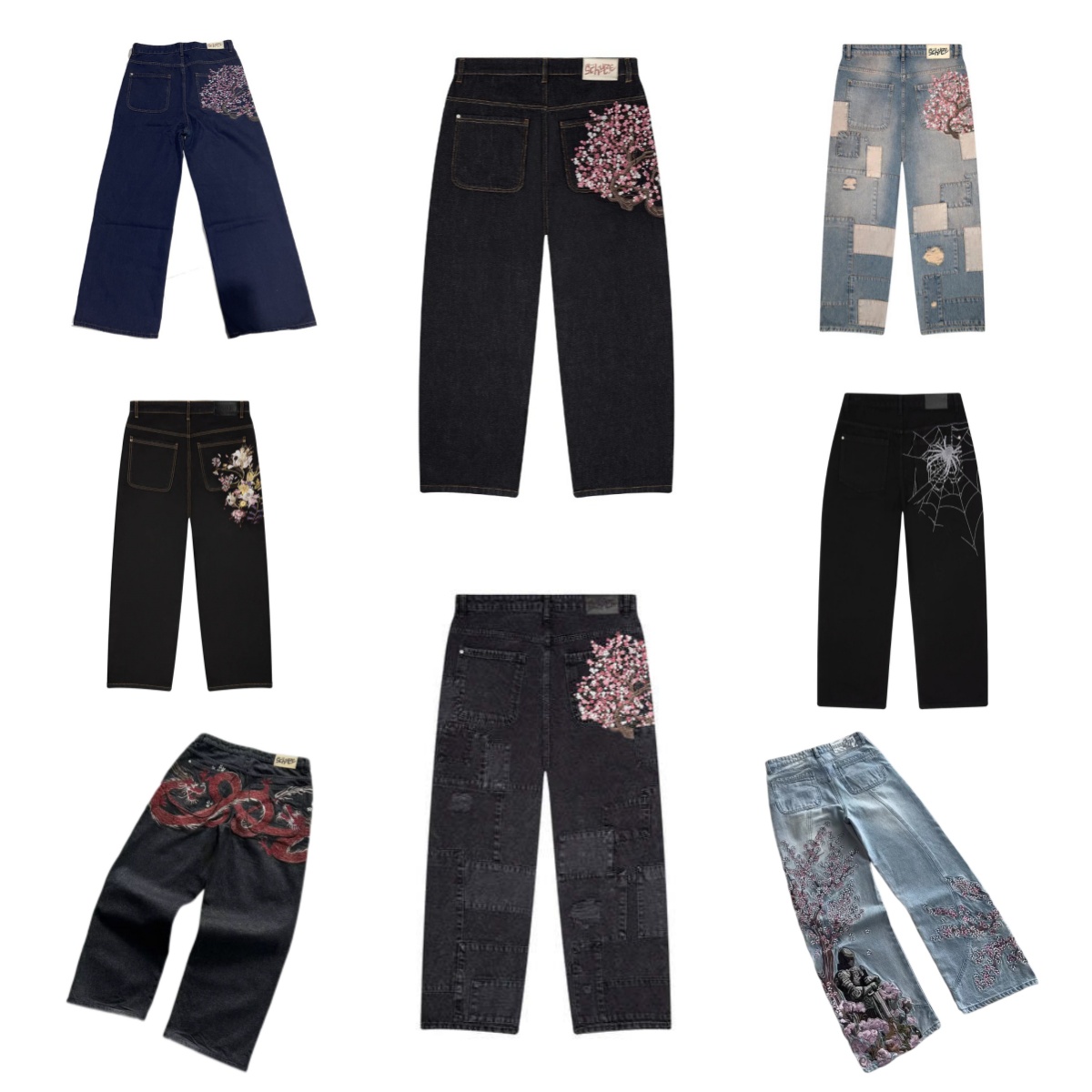 Men's Jeans Y2K Cherry Plum Blossom Embroidery Denim 100% COTTON Pants Men Baggy Vintage Pattern Streetwear Derschutze Gothic Harajuku Hip Hop Wo