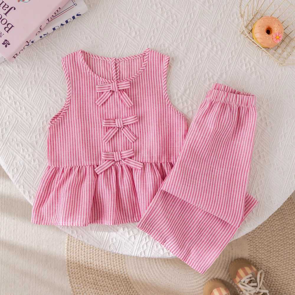 Summer girls set pink vertical stripe bow sleeveless vest+pants two-piece set cute childrens clothing setXJ250410
