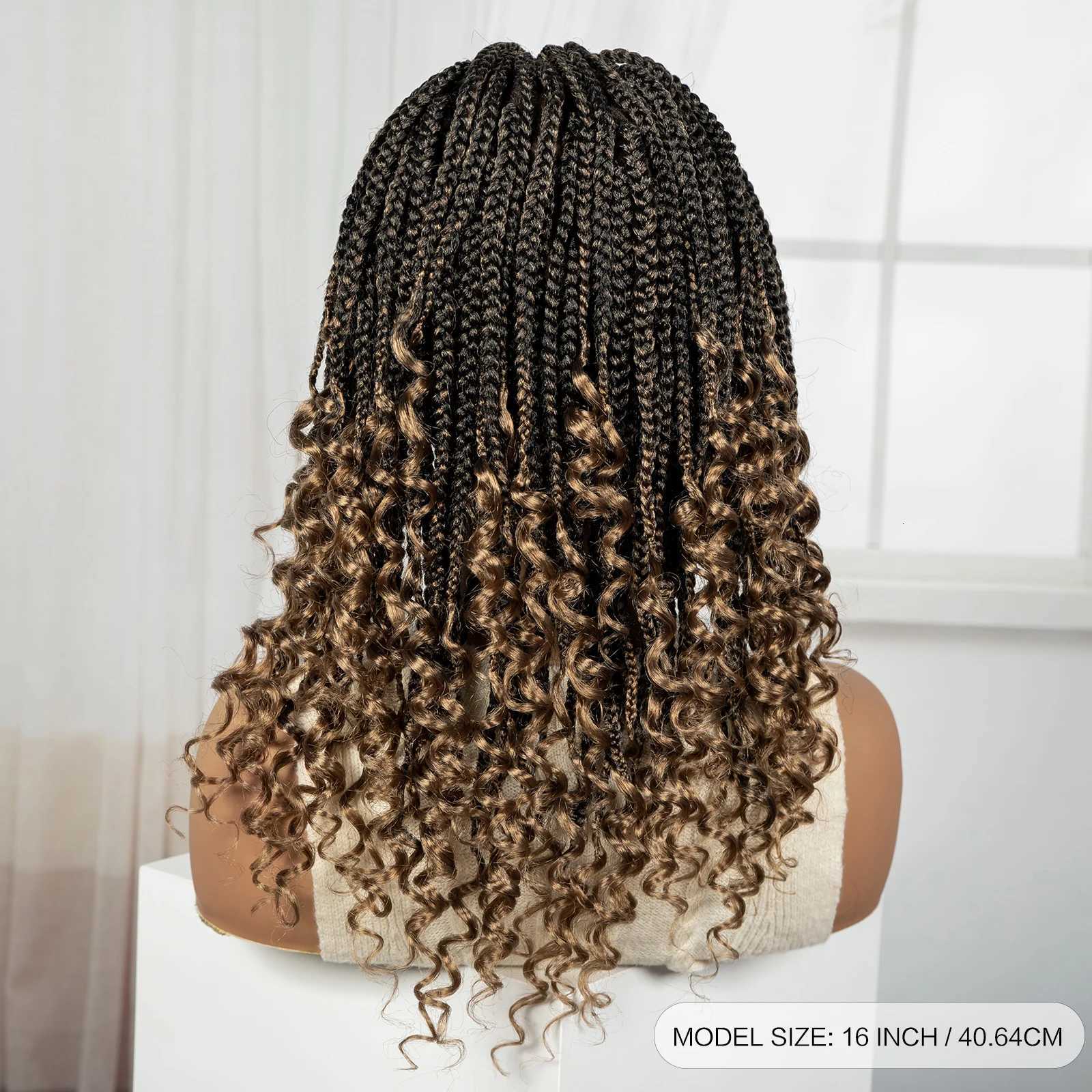 Ombre Knotless Box Braided Wigs with Curly Ends Synthetic Full Lace Braided Lace Wigs Short Boho Braided Bob Wig for Black WomenT251111