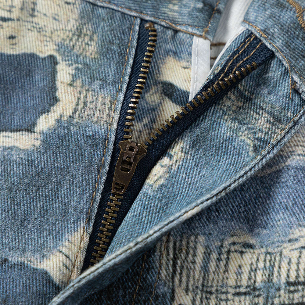 Women's Wear Women's Wear Abandoned Soil Style Full Vintage Printing, Denim Pants, Trendy High Street Design, Niche Loose Straight Leg Pants
