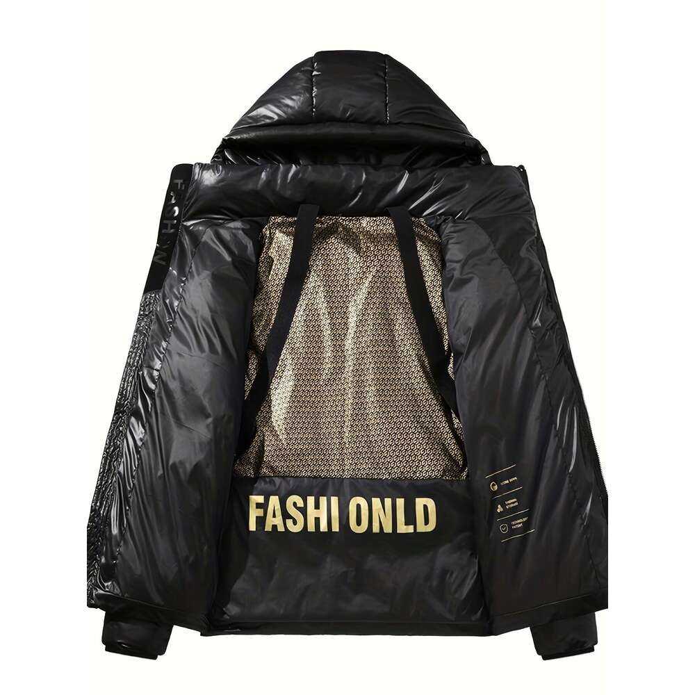 Men's Jacket Cozy Black & Golden Hooded Jacket Men's Padded Polyester Fiber Coat | Thick Casual Winter Wear
