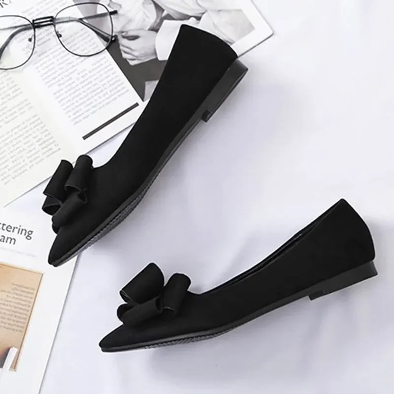 Women Fashion Green Bow Tie Flock Flat Shoes Zapatos De Mujer Lady Casual Black Office Party Shoes Sapatos Femininas A99 250410