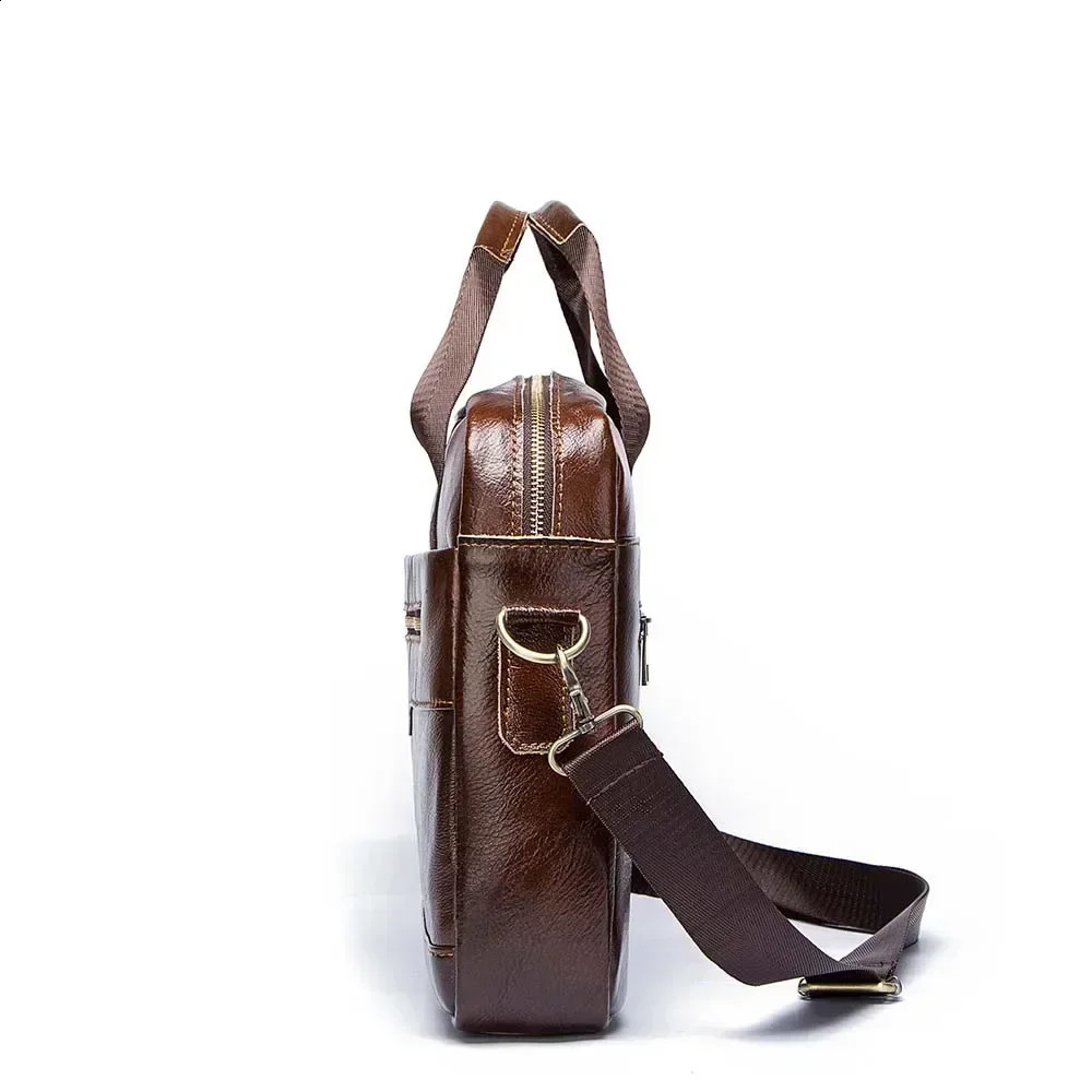 Genuine leather mens work briefcase high-quality notebook bag casual mens shoulder messenger top layer leather travel bag 250410