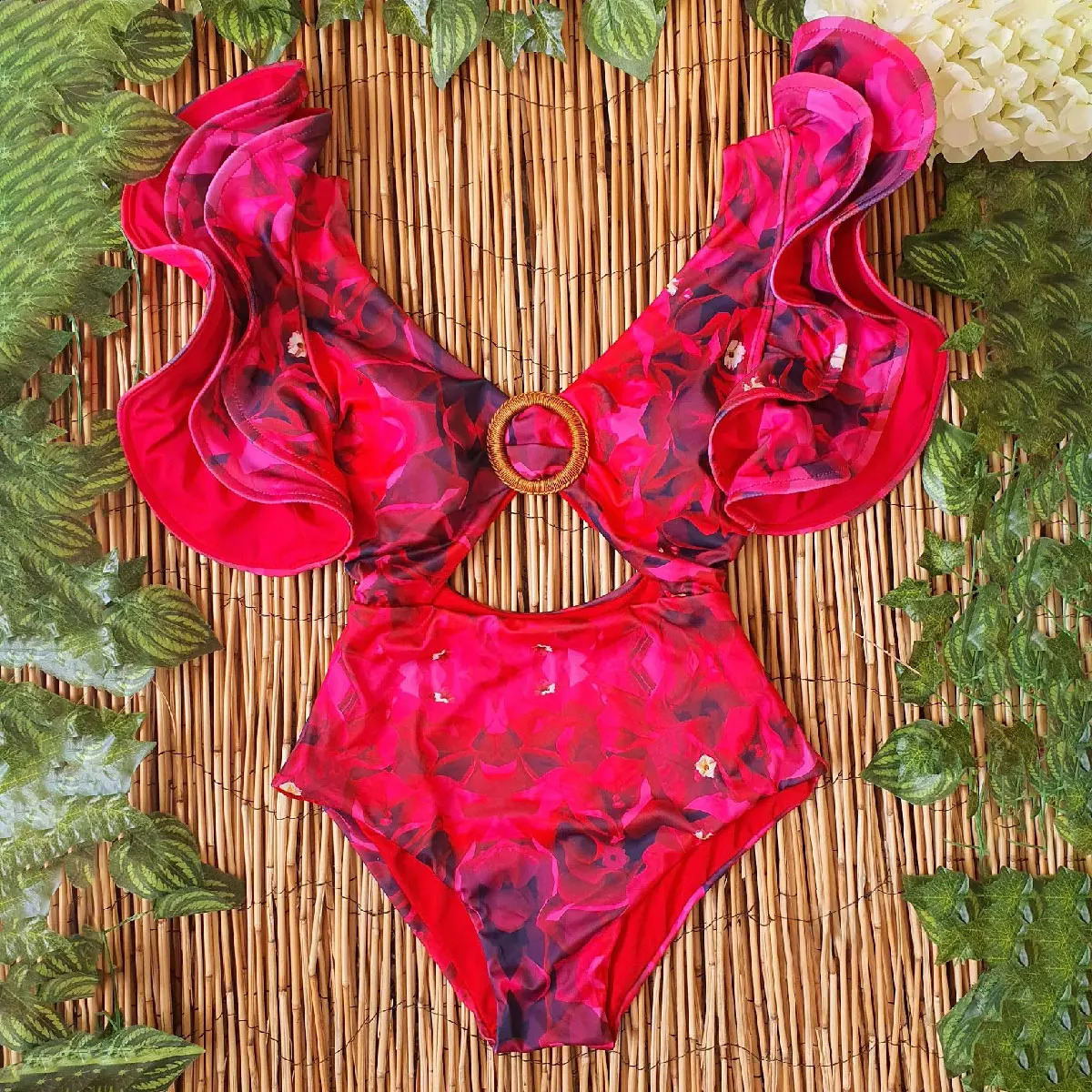 2025 Sexy Ruffle Print Floral One Piece Swimsuit Off The Shoulder Swimwear Women Solid Deep-V Beachwear Bathing Suit Monkini 250410
