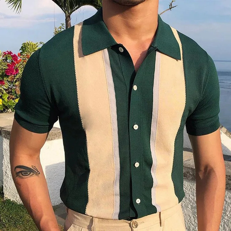 Mens summer business knitted short sleeved polo shirt streetwear with breathable button down stripes fashionable and lightweight retro shirt 250410