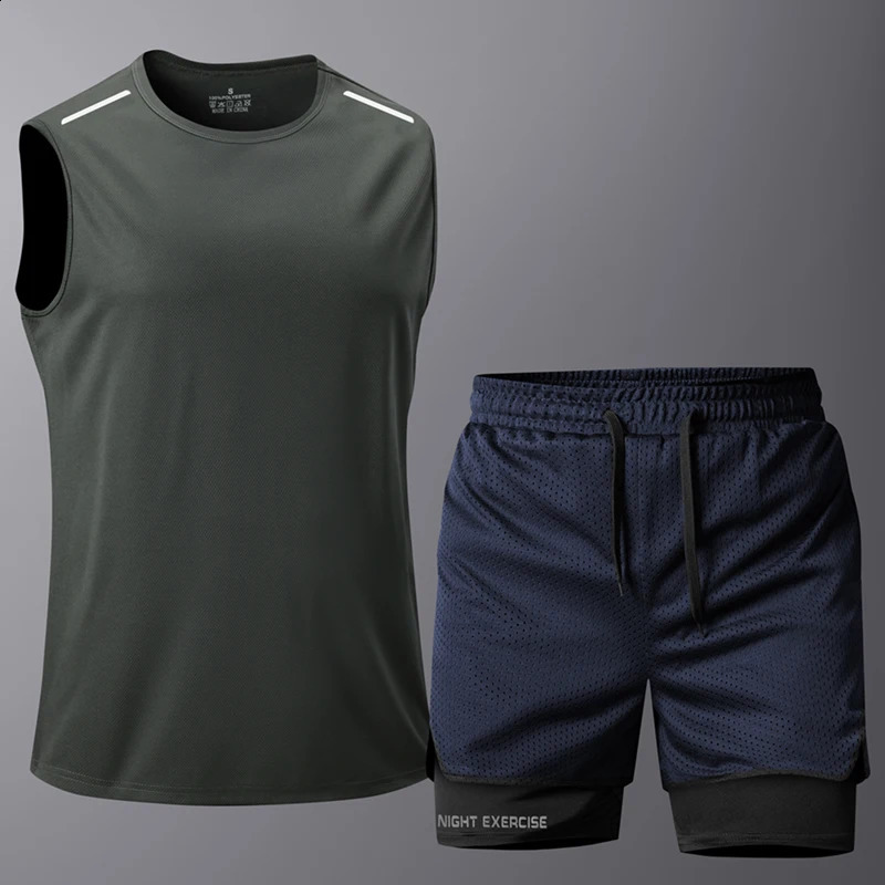 Mens twopiece sportswear summer breathable quick drying gym fitness set running sleeveless Tshirt shorts 250411