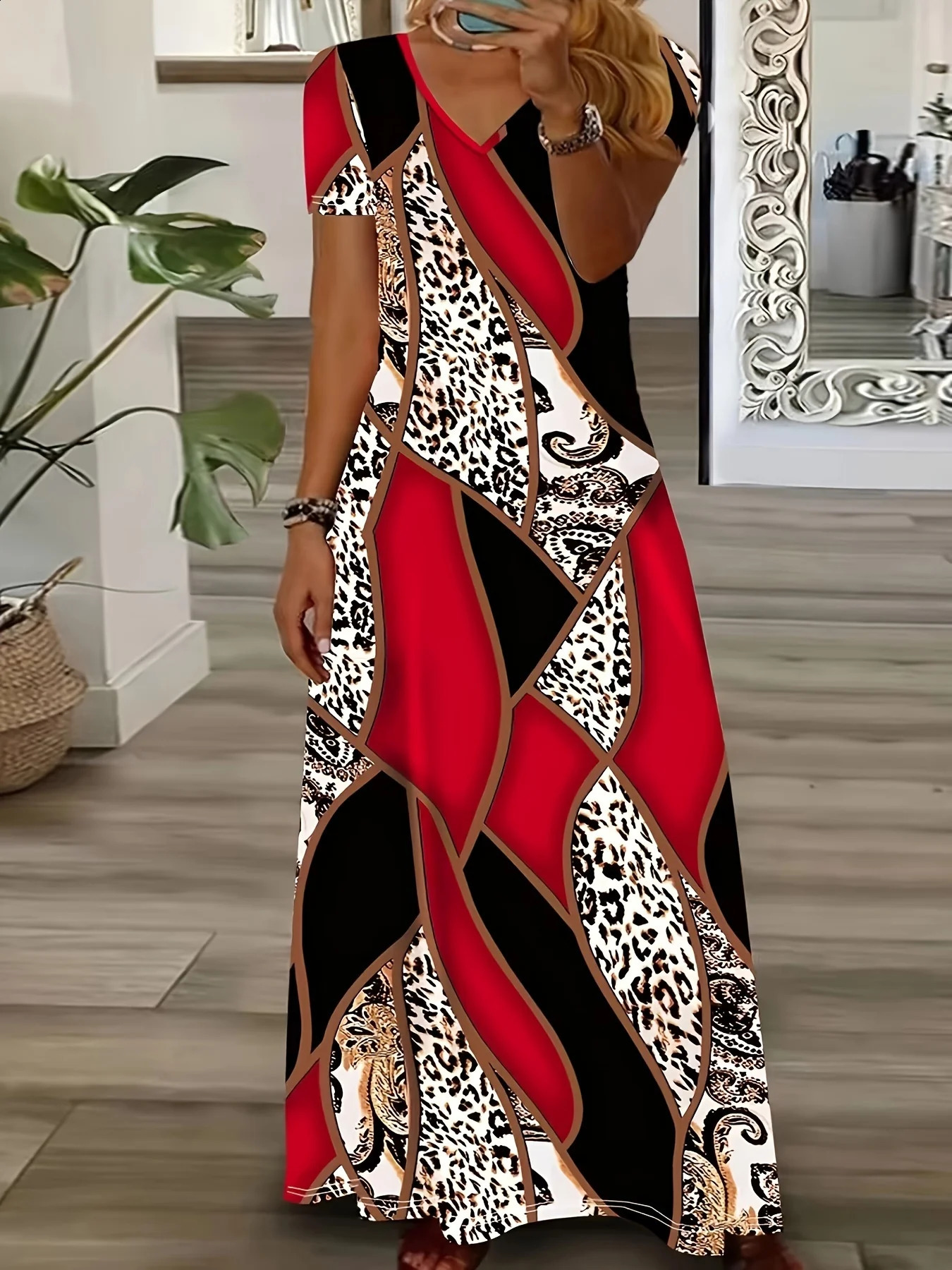 Summer er Patchwork Leopard Print Womens Dresses Plus Size Elegant Dresses Long Dresses Female Fashion Womens Cloth 250410