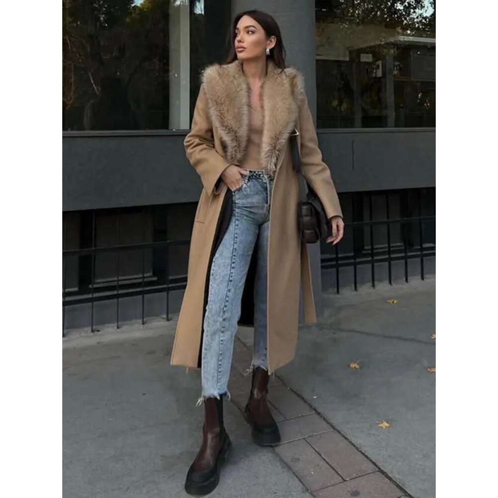 Elegant Fur Lapel Long Coat Women With Belt Woolen Full Sleeve Lace Up Loose Thicken Overcoat 2025 Spring Solid Pocket Outwear