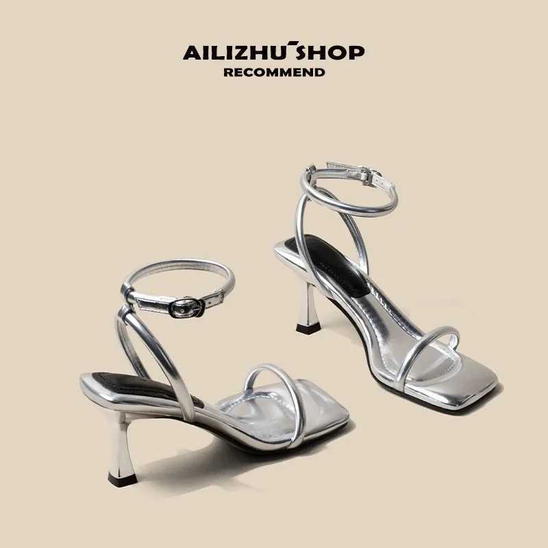 Womens high-heeled sandals square slim high-heeled shoes e-length strip open toe sandals dress French temperature sandals De MujerXJ250410