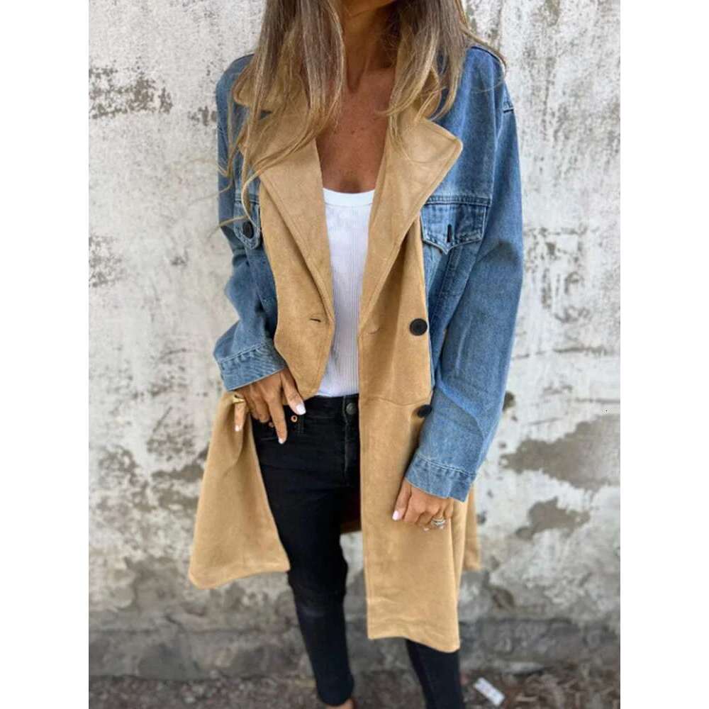 2024 Women Autumn Long Windbreaker Retro Turn Down Collar Denim Patchwork Ladies Trench Double-Breasted Casual Coats Streetwear