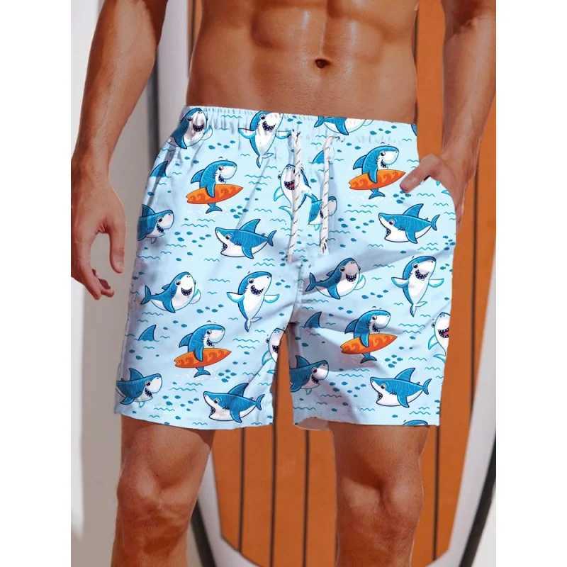 Retro geometric swimming rod mens shark tree 3D printed beach shorts summer casual quick drying sports loose surfing shortsW250410