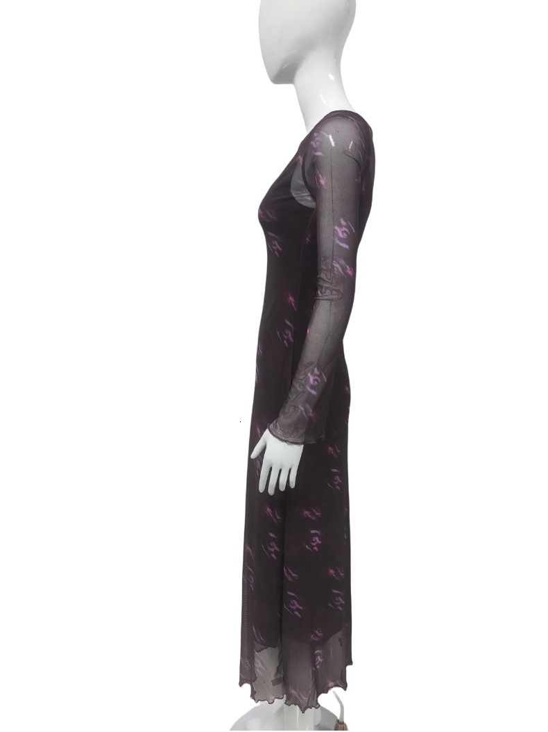 2025 Summer Women's New Elegant Mesh Printed Two Piece Dress Set