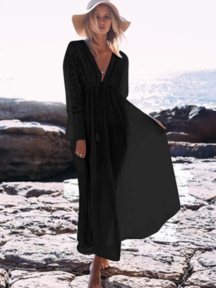 OIINAA Deep Vneck Bikini Top Womens Beach Splicing Lace Long Sleeve Summer Fashion Wear 250408