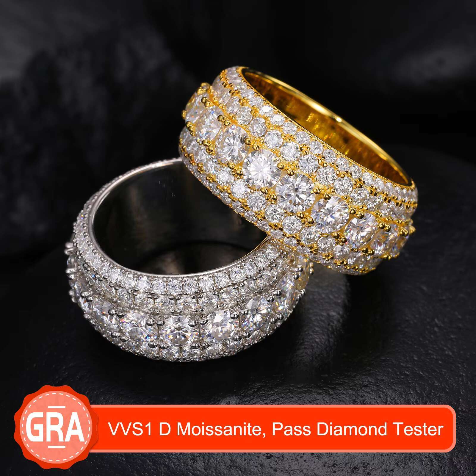 4mm/0.3ct Custom VVS1 D Color Moissanite Hip-Hop Bling Jewelry Rings GRA Certified 925 Sterling Silver