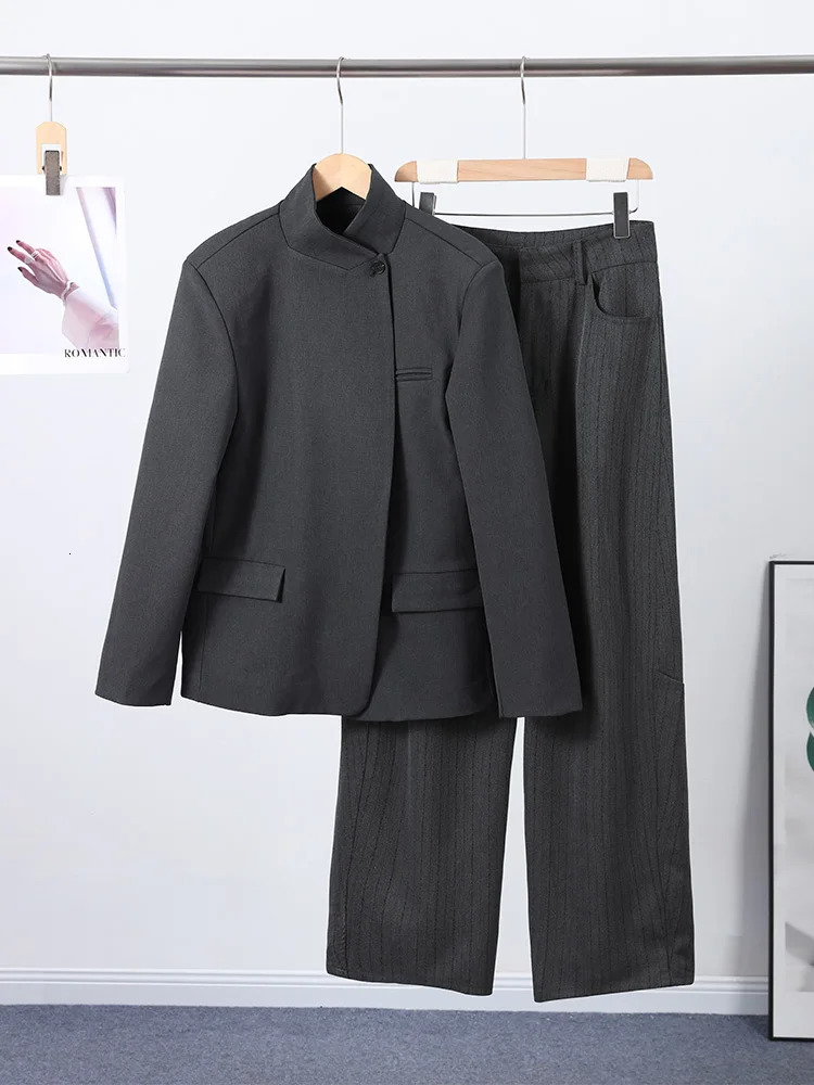 Loose Solid Coat Pants Women Set Long Sleeve Stand Collar Single Button Blazer Striped Trousers 2025 Autumn Winter Lady Outfit 251105