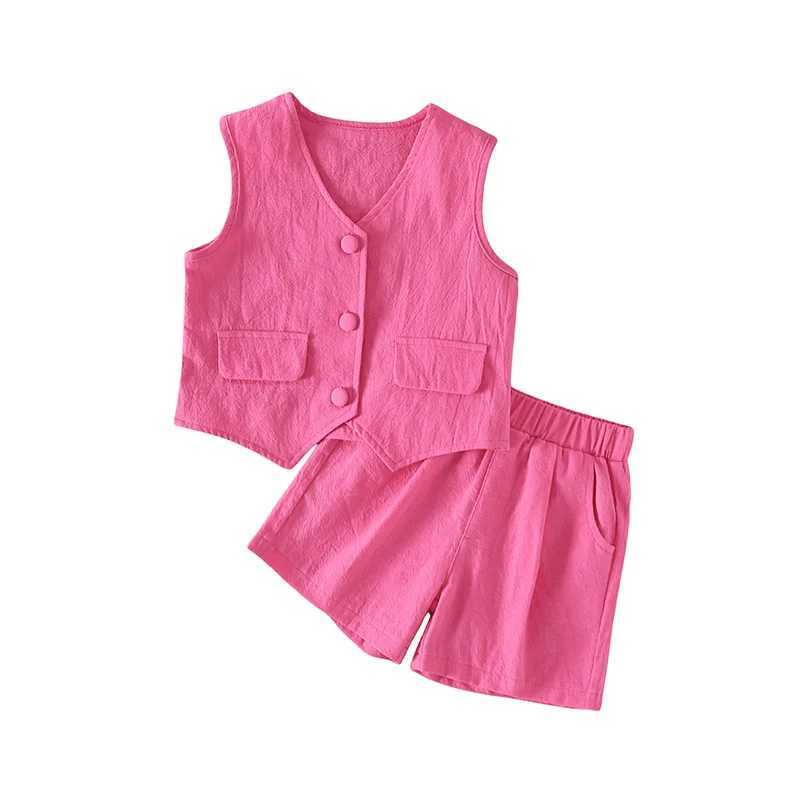 FOCUSNORM Fashion Little Girl Summer Clothes Set Solid Sleeveless Single Chest V-neck Tank Top+Elastic Waist ShortsXJ250410