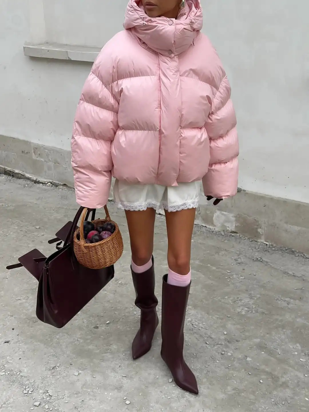 Casual Pink Hooded Cotton Jacket Women Fashion Solid Zip-up Loose Warm Outwear Lady Winter 2025 Daily Commute Street Jackets 251105