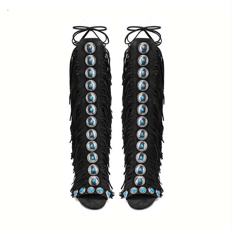 Women's Ultra-High Heel Knee-High Fringe Boots Strappy Lace-Up Ankle Strap Open-Toe Sandals With Tassel Charms, All-Season Dressy Shoes For Parti