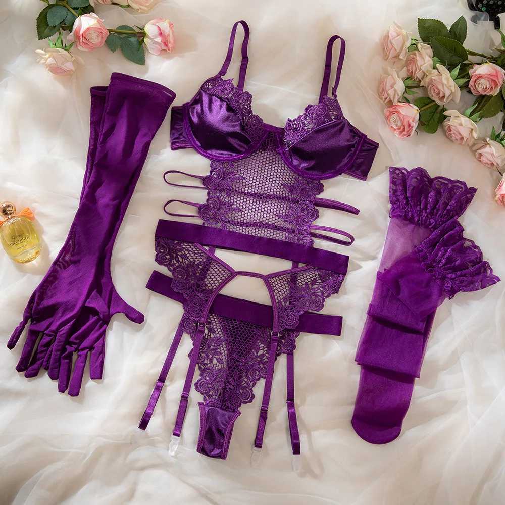 Purple Lace Sexy Lingerie Sets Women Sexy Underwear Embroidery Flower Exotic Apparel Bra Panty Gloves Set Couple Sex Clothes 8+ W250516