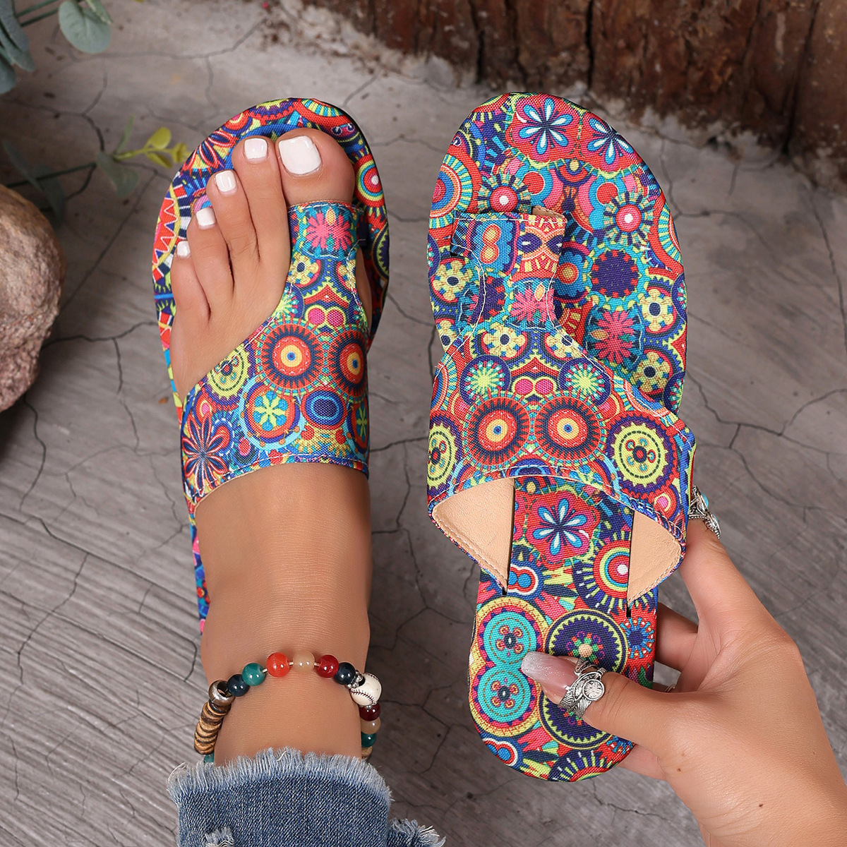 Large Women's Ethnic 2025 Summer New Breathable Print Toe Roman Style Sandals